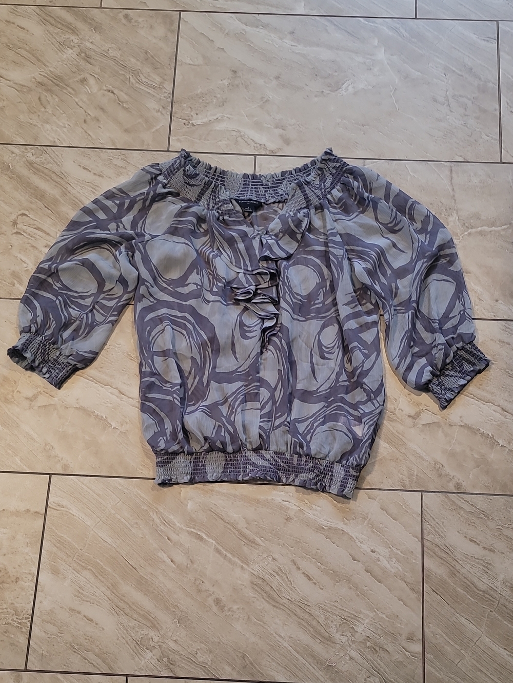Banana Republic Gray And Purple Printed Ruffle-Smock Blouse